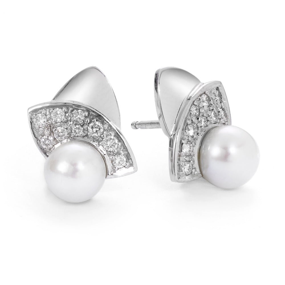 Ohrstecker 750/18 K Weissgold Diamant 0.30 ct, 18 Steine, w-si Süsswasserzuchtperle, Made in Germany