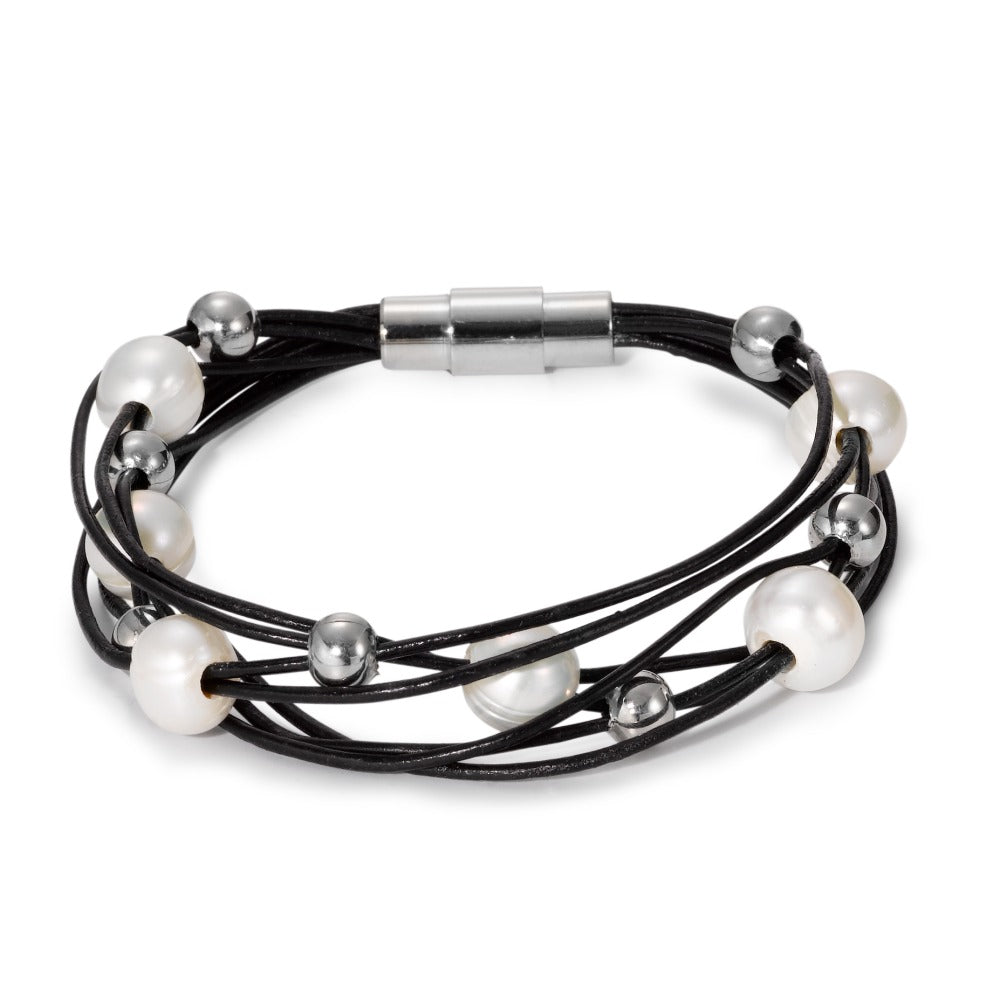 Armband Edelstahl, Leder Süsswasserzuchtperle 19 cm