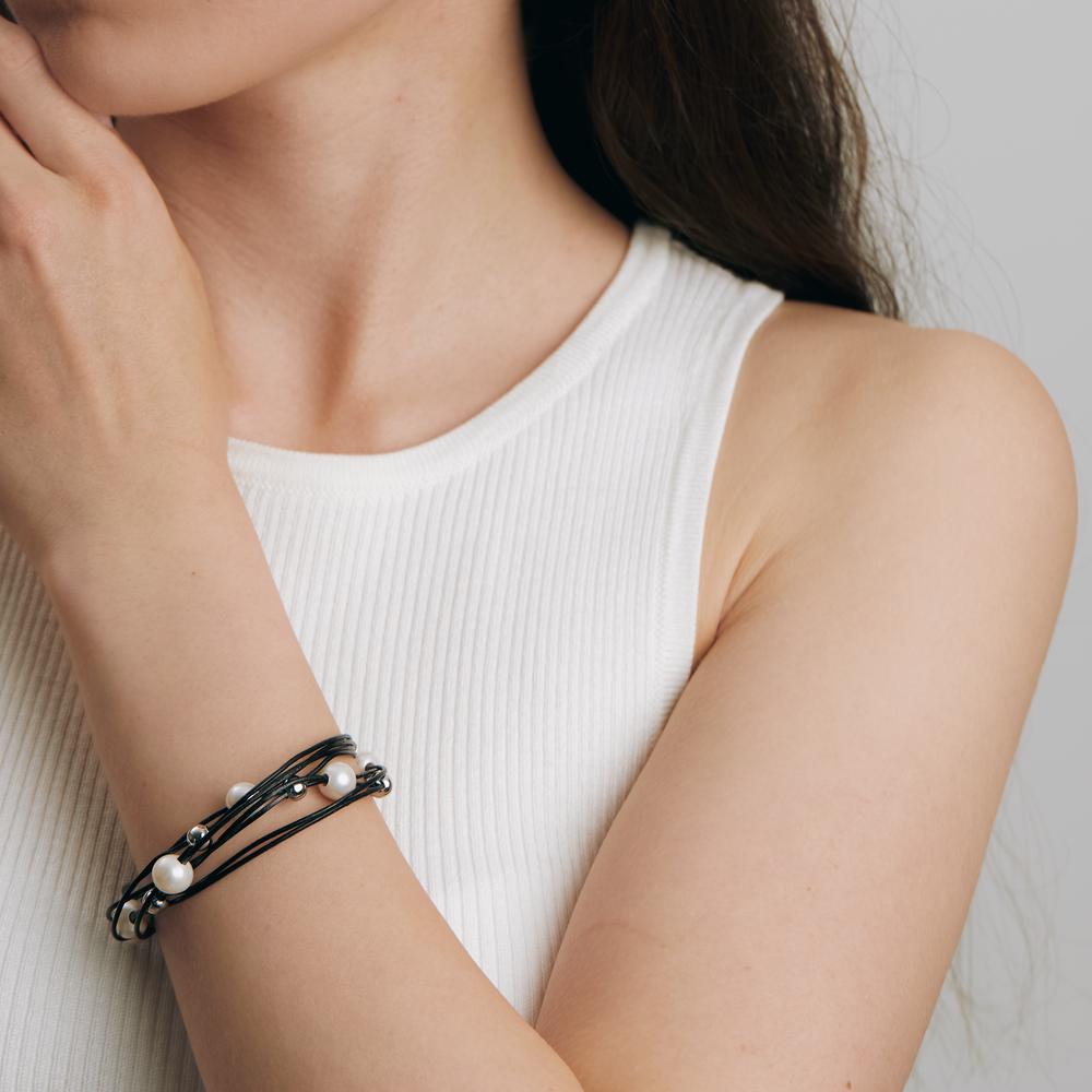 Armband Edelstahl, Leder Süsswasserzuchtperle 19 cm