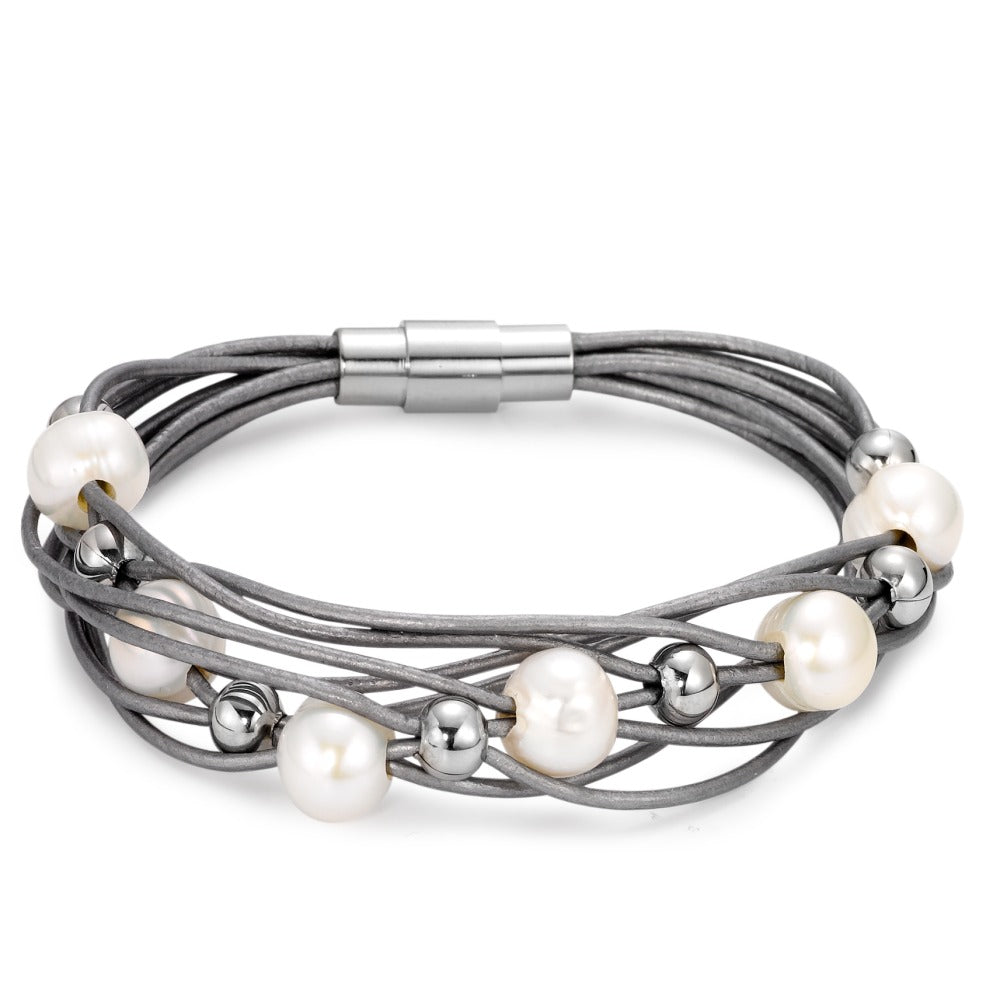 Armband Edelstahl, Leder Süsswasserzuchtperle 19 cm