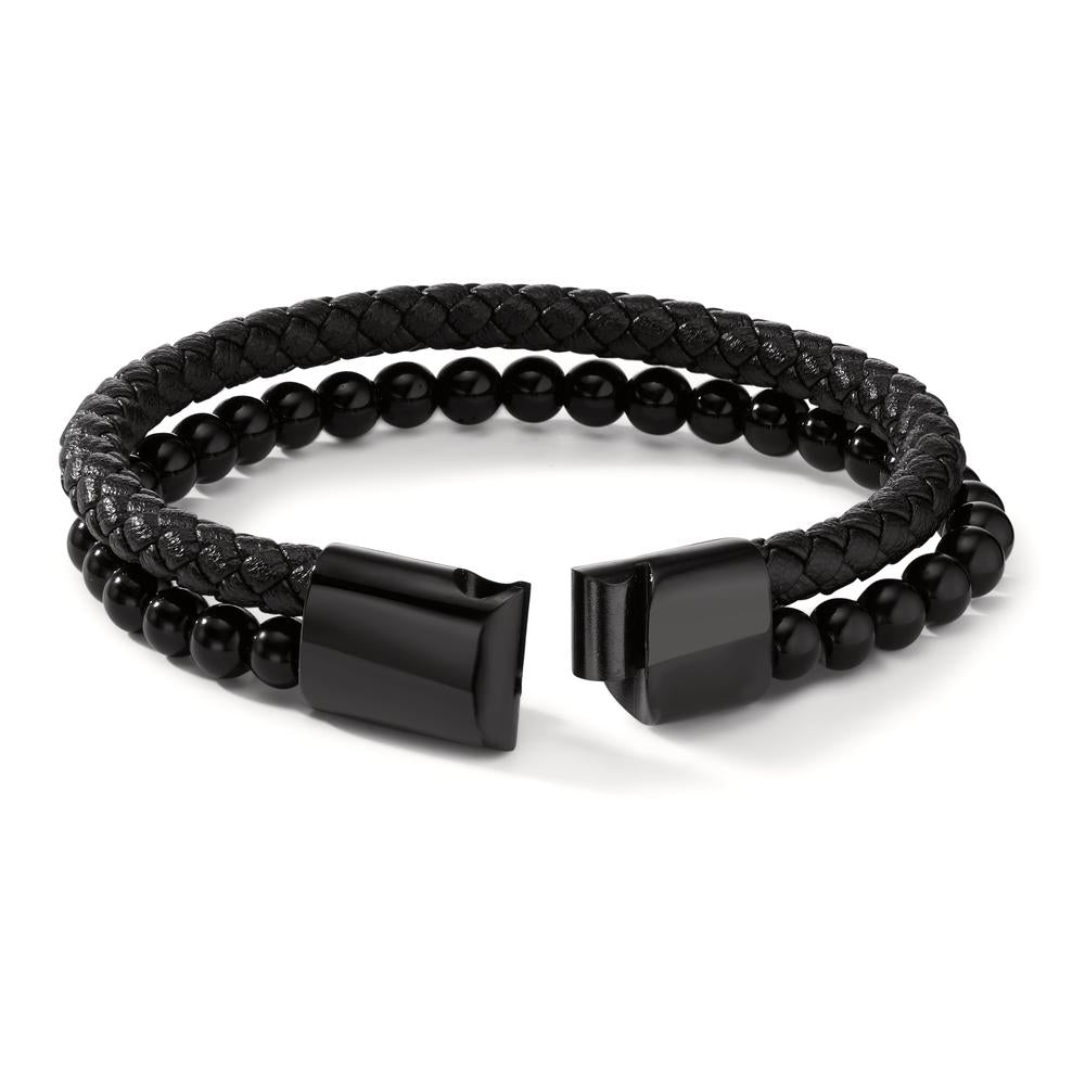 Armband Edelstahl, Leder Lava schwarz IP beschichtet 20.5 cm