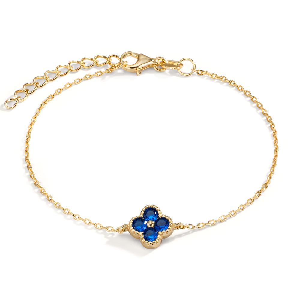 Armband Silber Zirkonia saphirblau, 4 Steine gelb vergoldet Blume 16-19 cm verstellbar