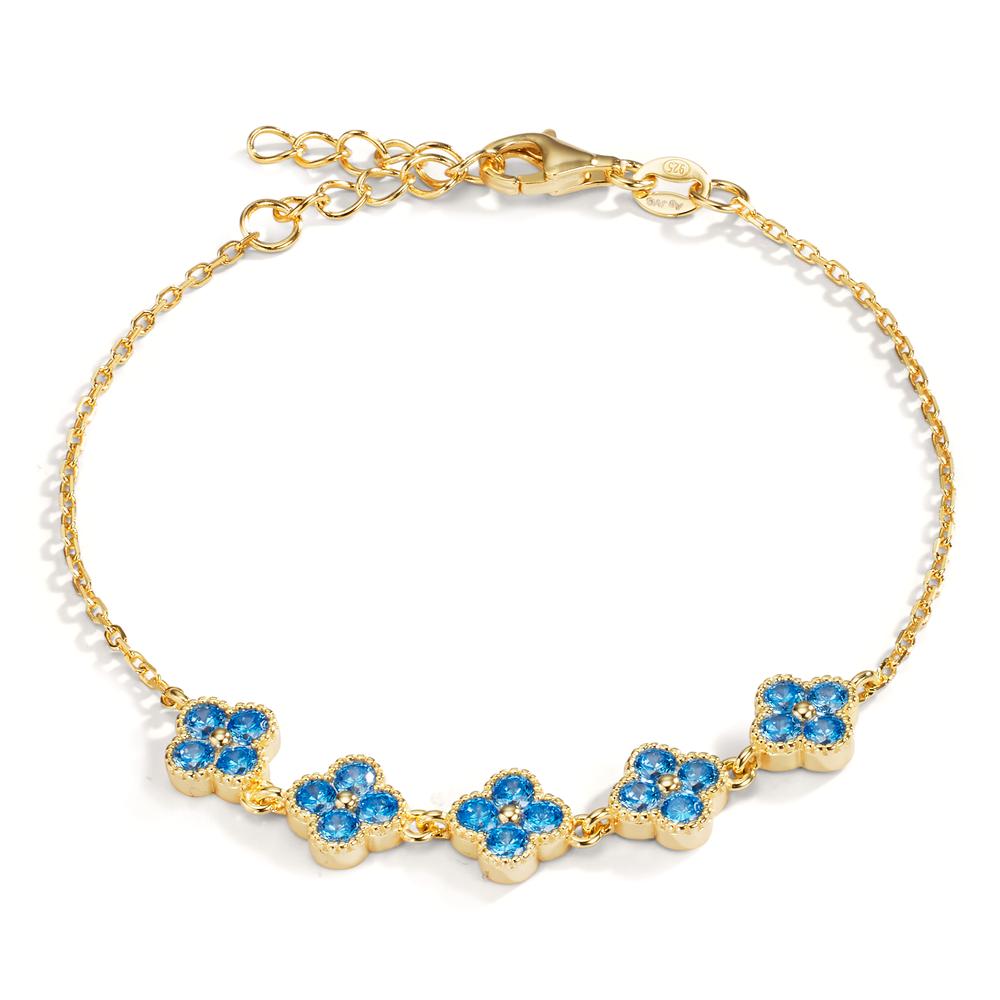 Armband Silber Zirkonia hellblau, 20 Steine gelb vergoldet Blume 16-19 cm verstellbar