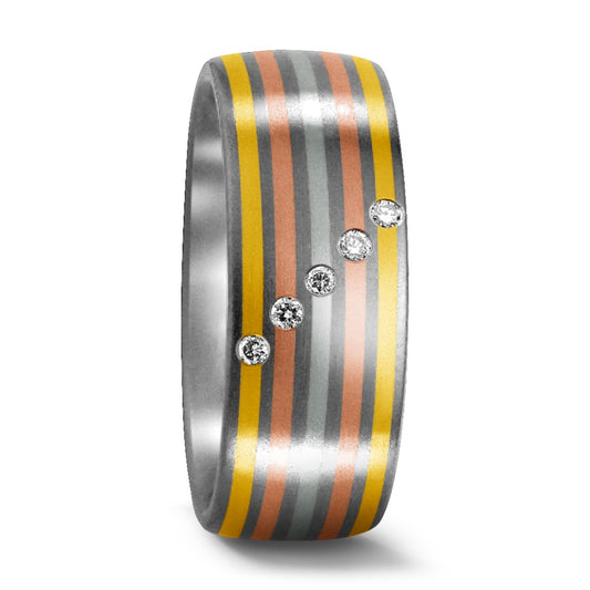 Fingerring Titan, 750/18 K Gelbgold, 950 Platin Diamant 0.05 ct, 5 Steine, w-si, Made in Germany