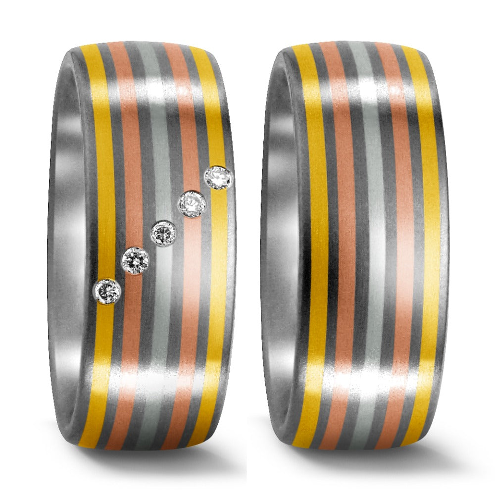 Fingerring Titan, 750/18 K Gelbgold, 950 Platin Diamant 0.05 ct, 5 Steine, w-si, Made in Germany