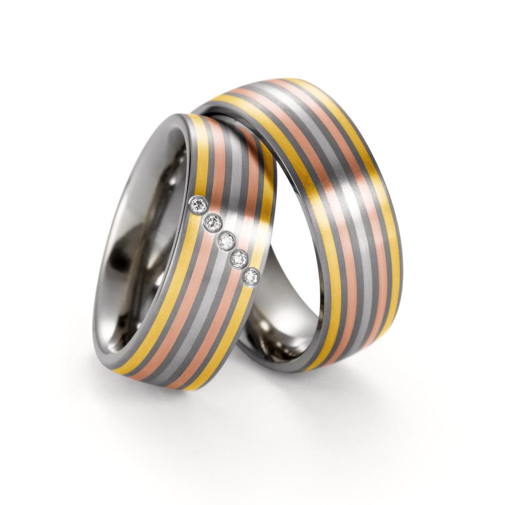 Fingerring Titan, 750/18 K Gelbgold, 950 Platin Diamant 0.05 ct, 5 Steine, w-si, Made in Germany