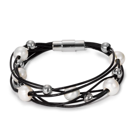 Armband Edelstahl, Leder Süsswasserzuchtperle 19 cm