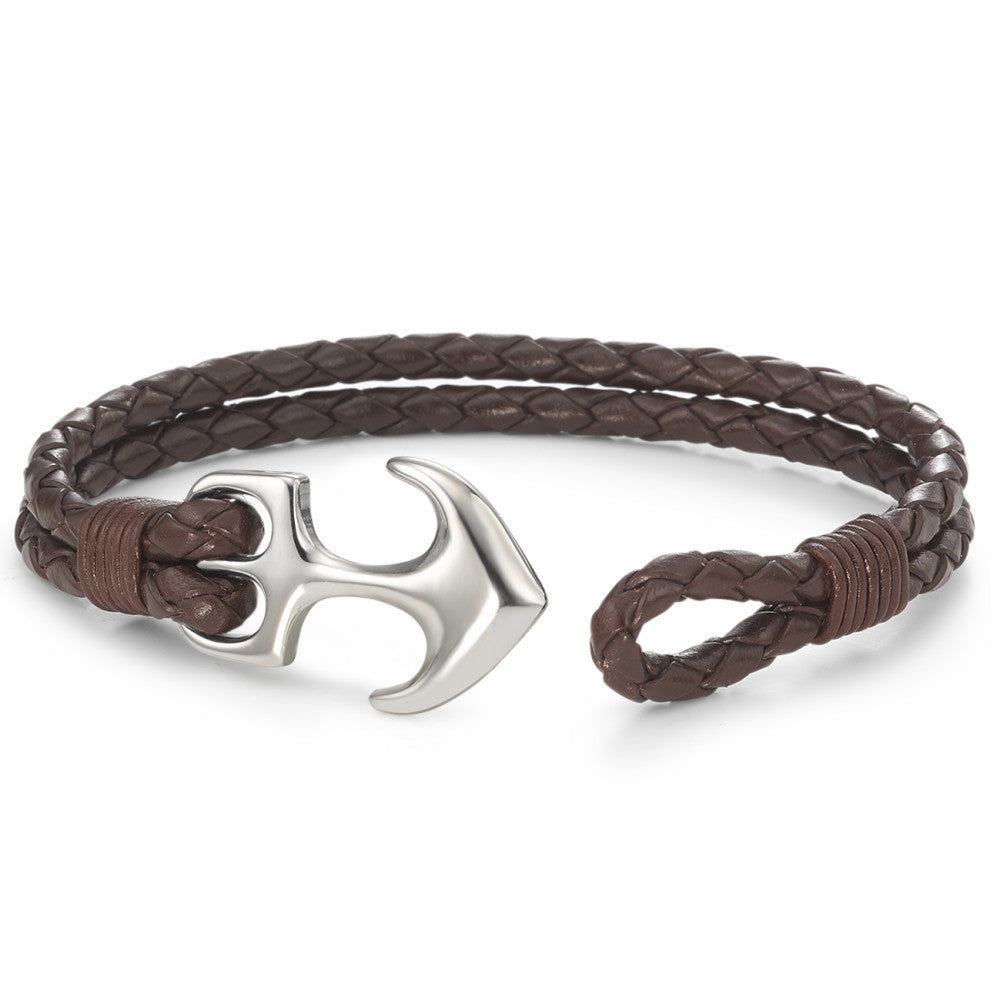 Armband Leder, Edelstahl Anker 18.5 cm