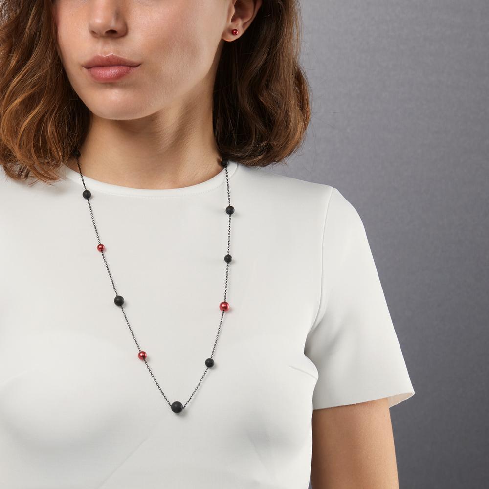 Halskette Nera aus geschwärztem Edelstahl mit Carbon und Pearls in Ruby Red, 70cm