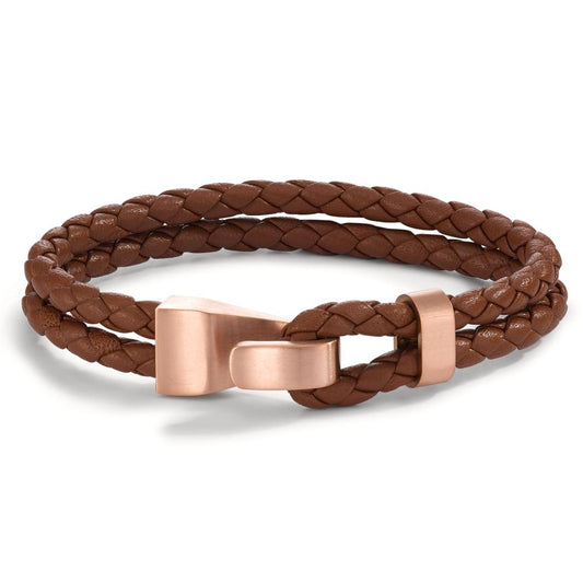Lederarmband VADINO Roségold aus Edelstahl, Flechtleder HAVANA BROWN, 23cm
