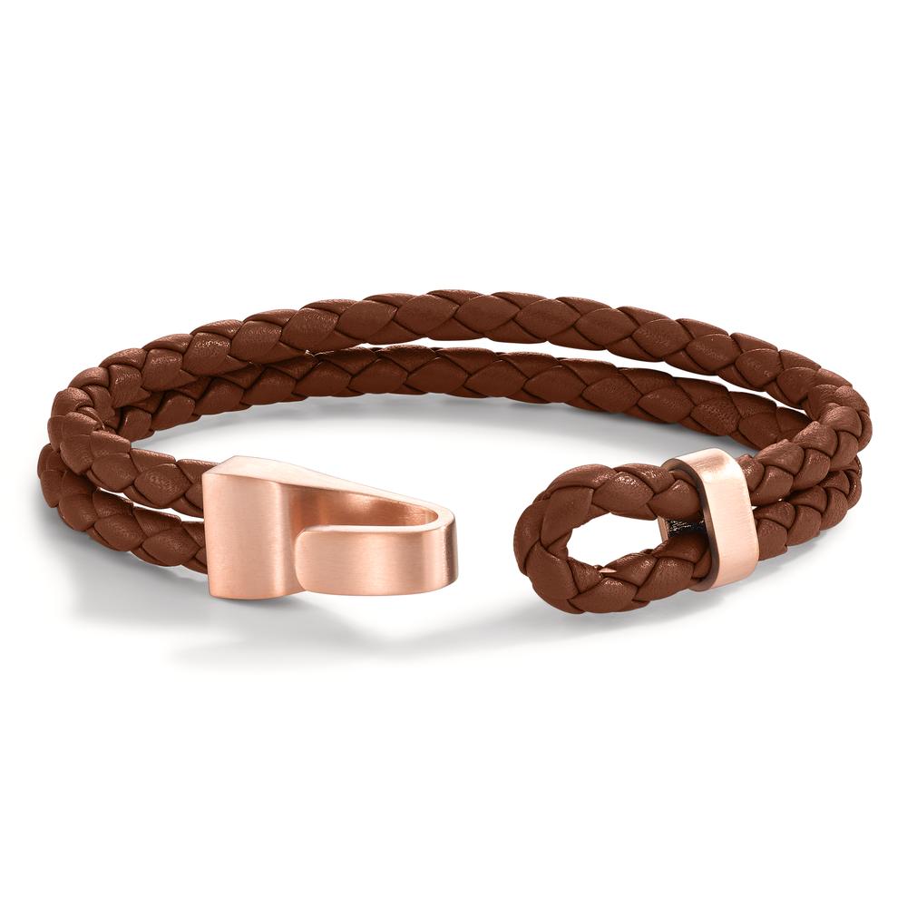 Lederarmband VADINO Roségold aus Edelstahl, Flechtleder HAVANA BROWN, 23cm