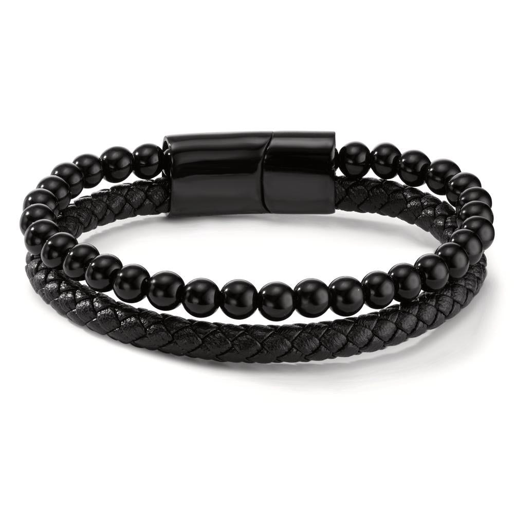 Armband Edelstahl, Leder synth. Stein schwarz IP beschichtet 20.5 cm
