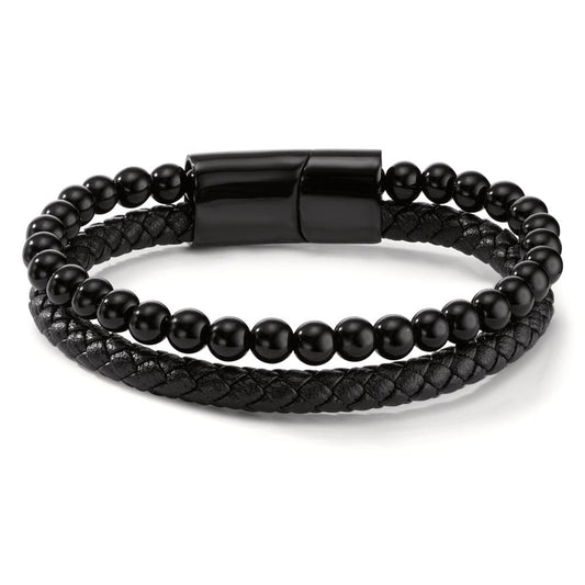 Armband Edelstahl, Leder synth. Stein schwarz IP beschichtet 20.5 cm