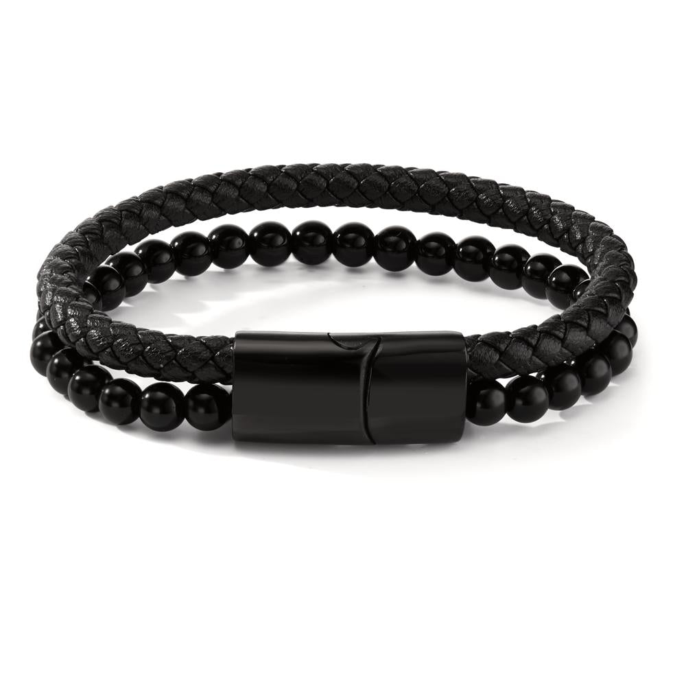 Armband Edelstahl, Leder Lava schwarz IP beschichtet 20.5 cm