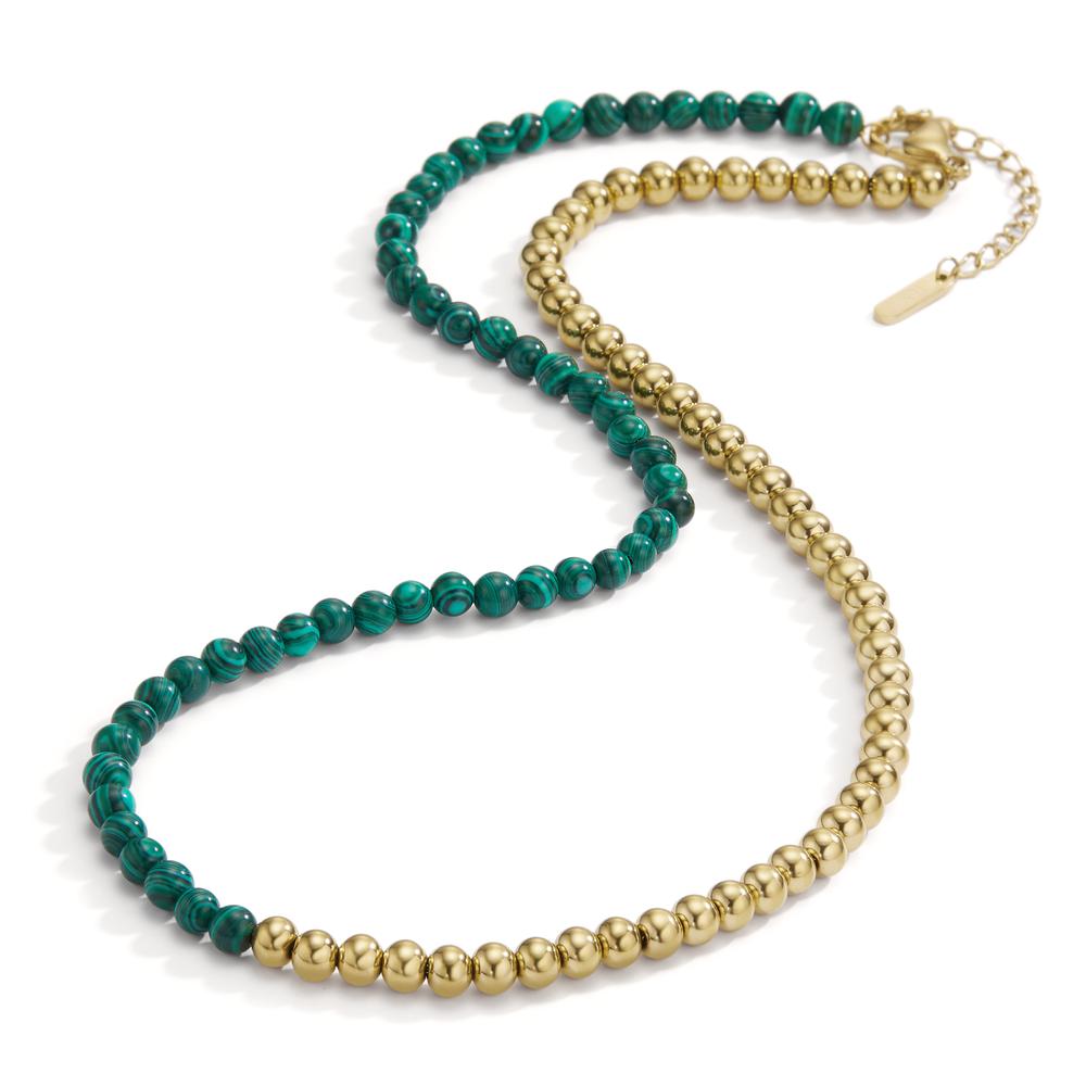 Halskette Muse Gold aus Edelstahl mit Malachit Perlen, 42-45 cm verstellbar, Ø4 mm