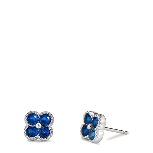 Ohrstecker Silber Zirkonia saphirblau, 8 Steine rhodiniert Blume Ø7.5 mm