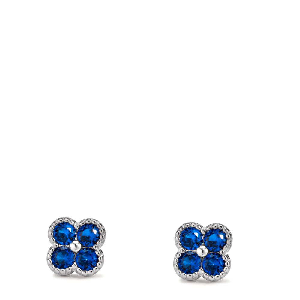 Ohrstecker Silber Zirkonia saphirblau, 8 Steine rhodiniert Blume Ø7.5 mm