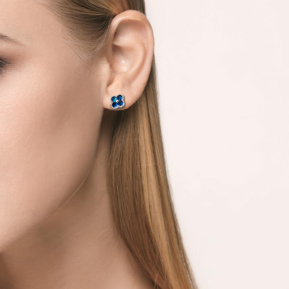 Ohrstecker Silber Zirkonia saphirblau, 8 Steine rhodiniert Blume Ø7.5 mm