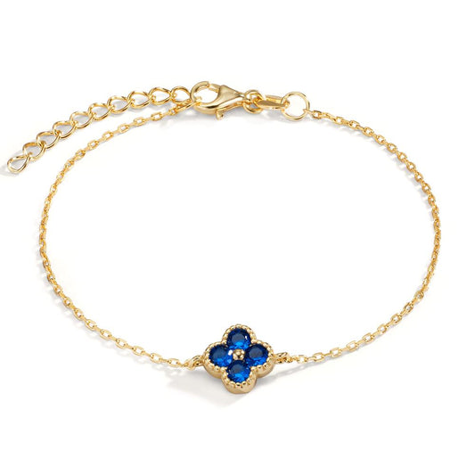 Armband Silber Zirkonia saphirblau, 4 Steine gelb vergoldet Blume 16-19 cm verstellbar