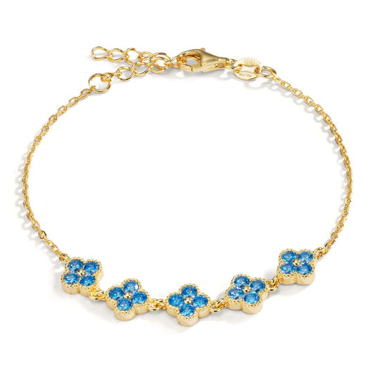 Armband Silber Zirkonia hellblau, 20 Steine gelb vergoldet Blume 16-19 cm verstellbar